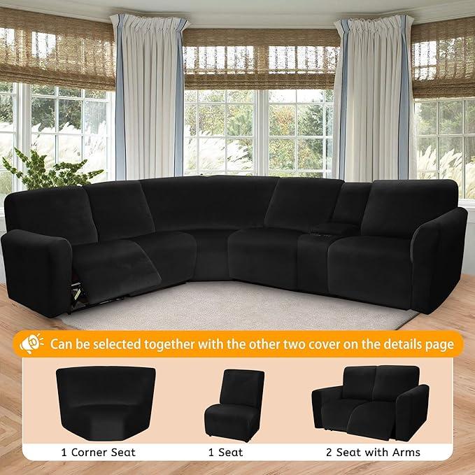 Arfntevss Velvet Striped Recliner Couch Covers Stretch L Shaped Sectional Sofa Cover Soft Reclining Loveseat Slipcovers Set 6-Piece Washable Non Slip Furniture Protector (2 Seat with Arms, Black) (Large)