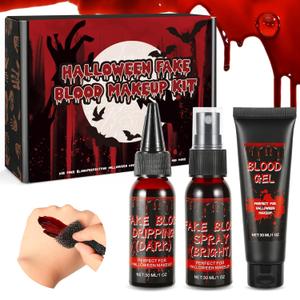 Halloween Fake Blood Makeup Kit - Includes Realistic Coagulated Blood Gel, Fake Blood Spray, Dripping Blood, Stage Blood, for Zombie Vampire Cosplay Party Mouth Clothes (Light + Dark)