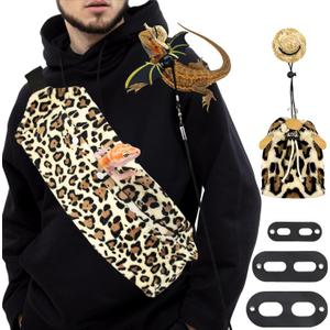 Bearded Dragon Leash and Harness Set, Bearded Dragon Accessories(Include Leopard Print Chest Pack, Lizard Clothing＆Leash, Small Straw Hat), Beardeds Dragon Decor Suit for Outdoor Travel
