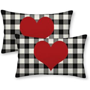 AEIOAE Valentines Pillow Covers 12x20 Inch Set of 2, Black Buffalo Plaid Love Heart Throw Pillows Case, Valentine's Day Anniversary Decorative Cushion Covers Farmhouse Outdoor Decor for Home Sofa Bed
