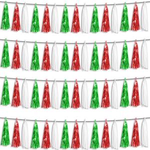 4P Red Green White Foil Fringe Metallic Tassel Streamers Banner Tassel Garland for Parade Floats, Graduation, Wedding, Birthday, Halloween, Christmas, Mexican Italian Birthday Party Decorations