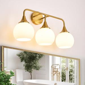 Modern Gold Bathroom Vanity Lights 3-Light Bathroom Light Fixtures Over Mirror with Milk White Glass Shade Modern Wall Sconce Lighting Bath Vanity Lights (Exclude E26 Bulb)