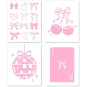 FUQWZ Coquette Room Decor Pink Wall Art Set of 4 (8x10in, Unframed) - Girls Wall Art - Bows & Cheery Pink Posters (052)