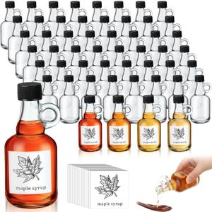 24 Pcs 3.4 oz Glass Syrup Bottles Maple Syrup Bottles with Loop Handle, Plastic Lids and Stickers, Clear Empty Small Reusable Jars Container for Potion Milk Juice Sauce Oil