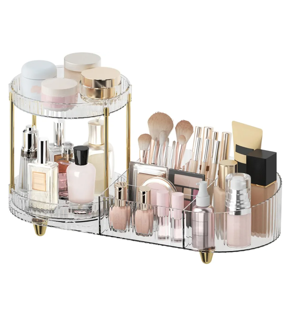 Makeup Organizer Countertop for Vanity, Rotating Perfume Tray with 5-compartment Cosmetic and Skincare Organizers, Multi-Purpose Desk Storage Makeup Brush Holder for Bathroom Bedroom Counter