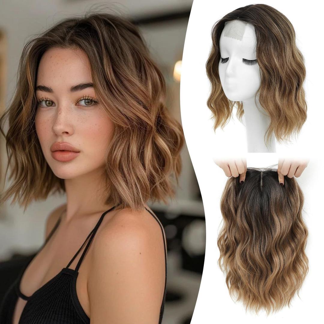 MORICHY 10 Inch Short Wavy Hair Topper for Women with Thinning Hair,Synthetic Lightweight & Breathable Hairpiece with 6.5"x6.5" BaseNatural Look Volume Booster Hairpiece for Coverage (Caramel Brown with dark root)