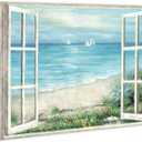 summer melody Beach Seascape Painting Wall Art - Window Coastal Serene Ocean View Canvas Artwork Sailboats & Wildflowers Picture for Living Room Bedroom Decor