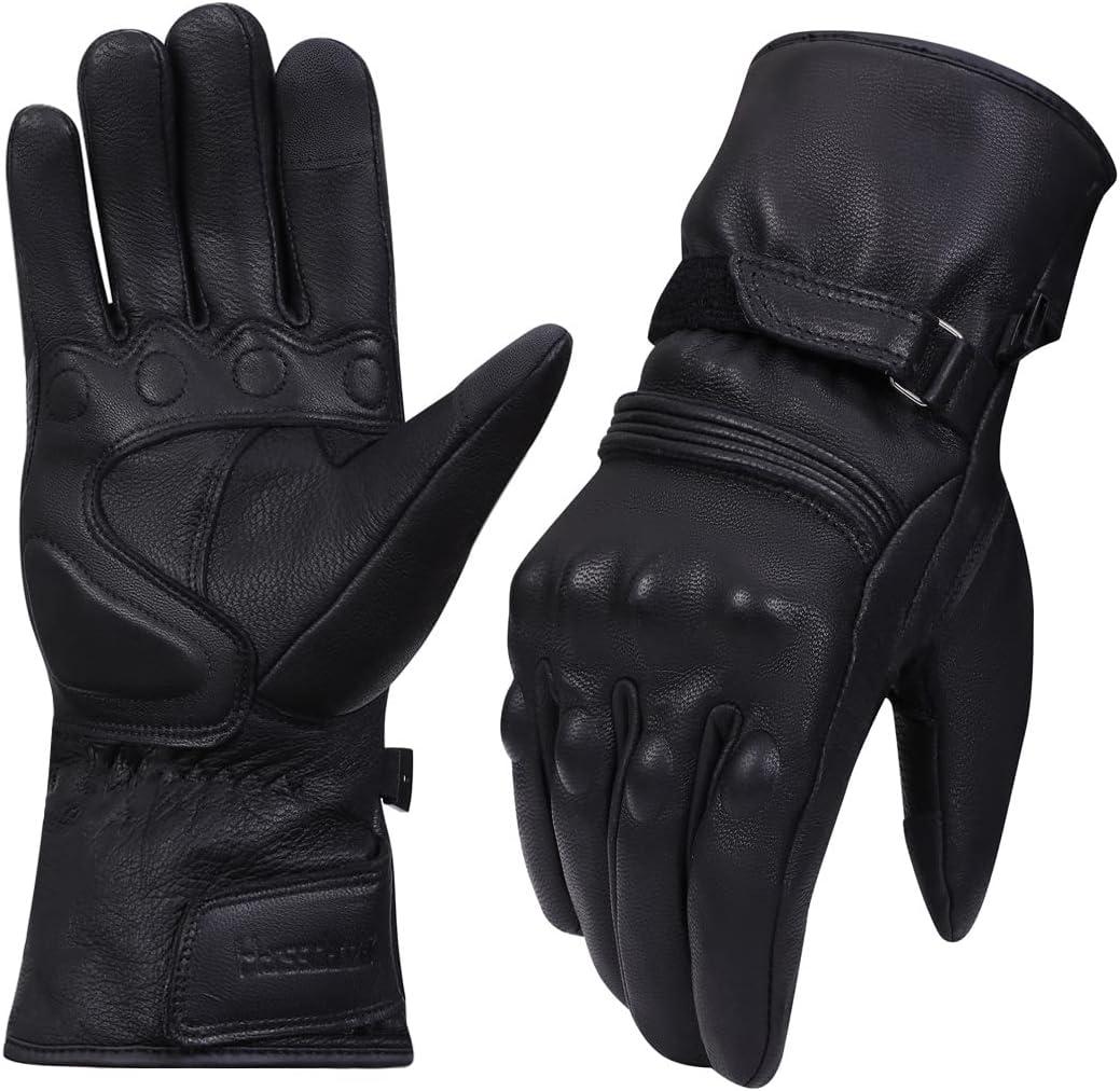 Harssidanzar Men Winter Motorcycle Gloves,Genuine Leather Full Finger Touchscreen Thermal Lined with Thinsulate Waterproof Motorcycles Motorbike Riding Gloves KM048US (Black, M)