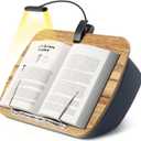 Reading Book Pillow Stand with 3-Color Adjustable Light, Hands-Free Book Holder for Bed or Lap, Wooden Surface, AAA Batteries Required