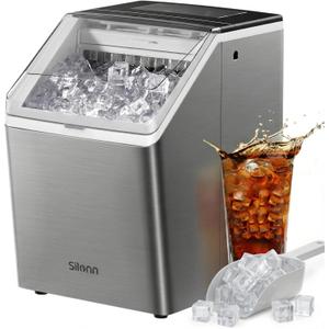 Silonn Stainless Steel Countertop Ice Maker, 44Lbs/Day High Efficiency, 2 Ways to Add Water, One-Click Auto Self-Cleaning, Portable Ice Machine Ideal for Home, Office, Bar & Party