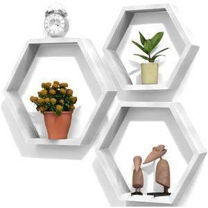 Hexagon Floating Shelves Set of 3, White Wooden Hexagon Shelves for Wall Decor, Modern Honeycomb Floating Hanging Shelf, Decorative Wall Organizer for Living Room, Bedroom, Bathroom