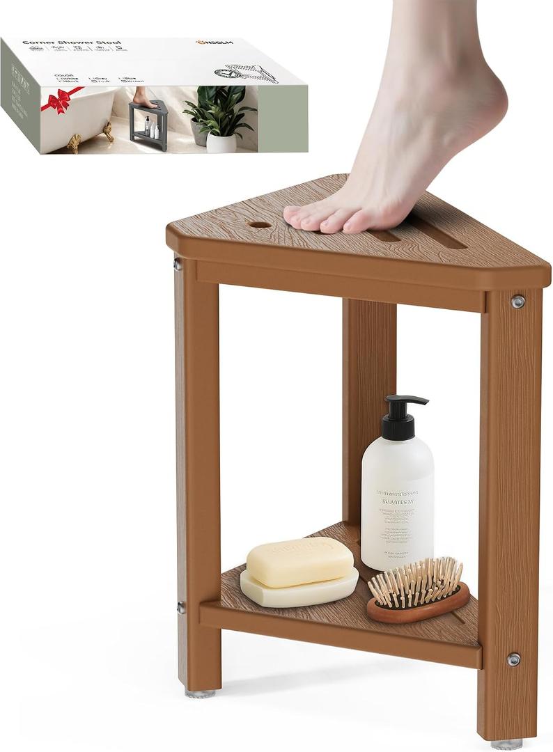 Teak Shower Foot Rest 15in, HDPE Waterproof Shower Stool for Inside Shower, Corner Shower Stool for Shaving Legs with Storage Shelf for Small Space, Shower Step Stool, Plastic Corner Shower Bench