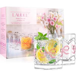11OZ Ribbed Glass Coffee Cups Set of 6, Vintage French-Style Glasses with Delicate Pink Bow and Dot Relief, Elegant and Durable Glassware for Hot and Cold Beverages, Thick-Bottomed and Dishwasher Safe