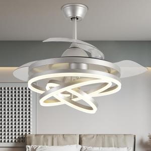 42" Retractable Ceiling Fan with Lights and Remote,Invisible LED Rings Fandeliers Modern Chandelier Ceiling Fans with 3 Color 6 Speed for Kitchen BedroomChrome