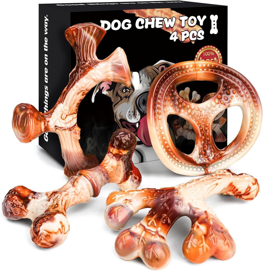 DBF 4 Pack Indestructible Dog Chew Toys for Aggressive Chewers Medium Small Breed - Durable Tough Dog Toy with Bacon Flavor, Heavy Duty Hard Nylon Dog Chew Bones for Large Dog Teething Cleaning (Brown1)