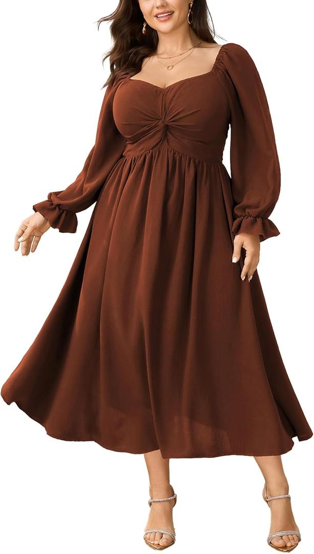 SCOMCHIC Women's Plus Size Wedding Guest Cocktail Dresses Fall Sweetheart Neckline Long Sleeve A Line Formal Maxi Dress (Orange, XL)