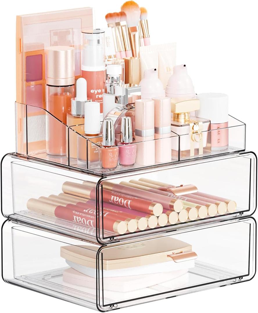 Yieach Clear Acrylic Makeup Organizers Countertop for Dresser,Desk,Bathroom Vanity,3 Tier Stackable Make up Holders and Makeup Cabinet,Tiered Cosmetic Storage and Make up Containers for Palette,Brush