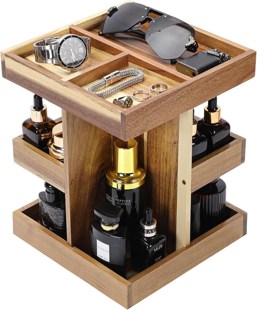 EXIN DECHEN Cologne Organizer for Men,Cologne Stand,3 Tier Wooden Perfume Shelf with Rotate,Desk Organizer,Gift for Dad From Wife,Husband Boyfriend Birthday Gift Ideas,Gifts for Men