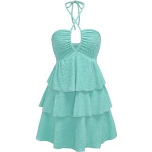 Verdusa Women's Wedding Guest Babydoll Halter Dress Tiered Layered Textured Backless Flowy Short Summer Dress (Mint Green, Medium)