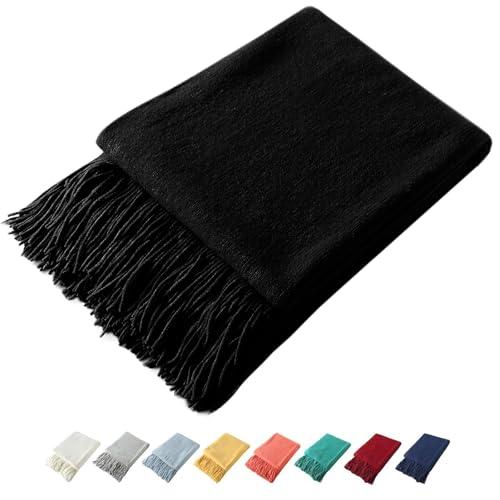 Homiest Decorative Knitted Throw with Fringe, Lightweight Acrylic Knit, Soft Tassel for Couch, Sofa, Bed (Black, 50 x 60 Inch)