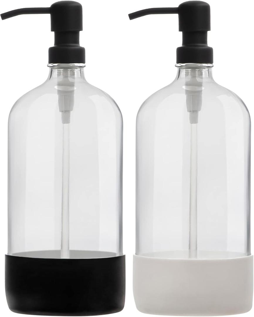 Kitchentoolz 32 oz Glass Pump Bottle with Stainless Steel Pump, Funnel, and Lids - Black