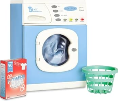 Casdon Blue Electronic Washer - Toy Washing Machine with Spinning Drum, Lights, & Sound Effects - Includes Laundry Basket & Washing Powder Box - Playset for Children Aged 3+