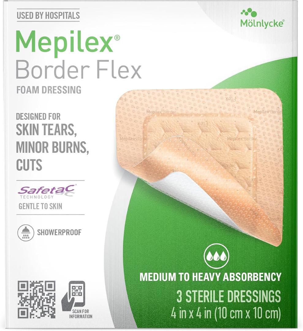 Mepilex Border Flex 4 x 4 in (10 x 10 cm) Hospital Grade Dressings for Skin Tears, Minor Burns and Cuts Waterproof Adhesion for Up to 7-Day Use