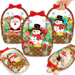 Fuutreo 25 Pcs Christmas Gift Bags Transparent Santa Sealing Pouches with Handles Resealable Merry Christmas Plastic Favor Bags for Holiday Party Candy Gift Wrapping Supplies Decoration(Xmas)