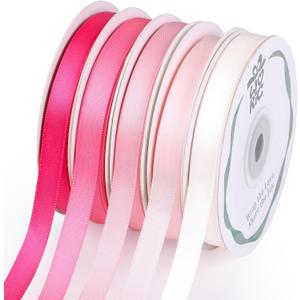 Double Faced Pink Satin Ribbon 3/8 Inch x 5 Rolls Total 50 Yards, 10 Yd/Roll Craft Thin Ribbon for Easter Gifts Decorations Flower Bouquet Gift Wrapping Hair Bows Baby Bridal Shower Wedding