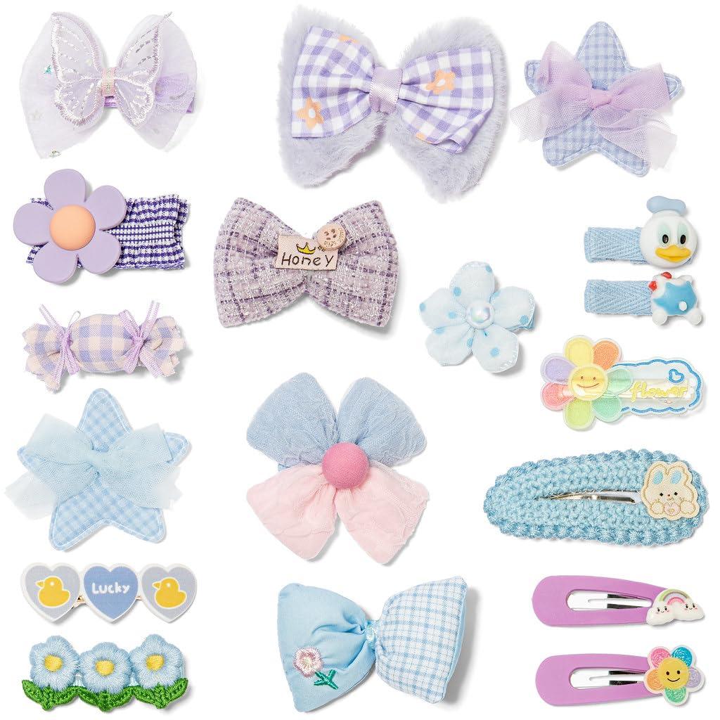Hair Clips for Girls 17 Pcs No Slip Assorted Barrettes for Kids Bows Blue Purple Cute Hair Accessories for Little Girls Teens Toddlers Child Kids Gifts