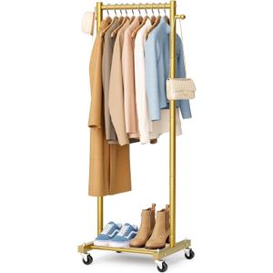 SLEEPING LAMB Small Clothes Racks for Hanging Clothes, Rolling Clothing Rack with Shelves, 60" Metal Garment Rack with Wheels Portable Wardrobe Rack for Small Space, Gold