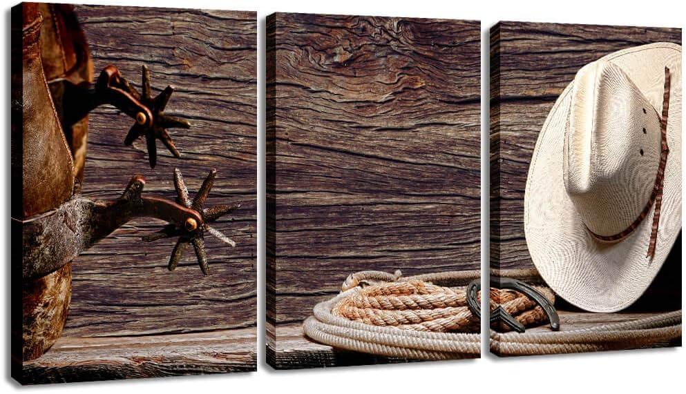 Canvas Print Wall Art Decor Western Cowboy Wall Art American Cowboy Hat Boots West Rodeo Vintage Picture Stretched Gallery Canvas Wrap Giclee Print Ready to Hang for Home Office Living Room (12x16inchx3pcs(30x40cmx3pcs))