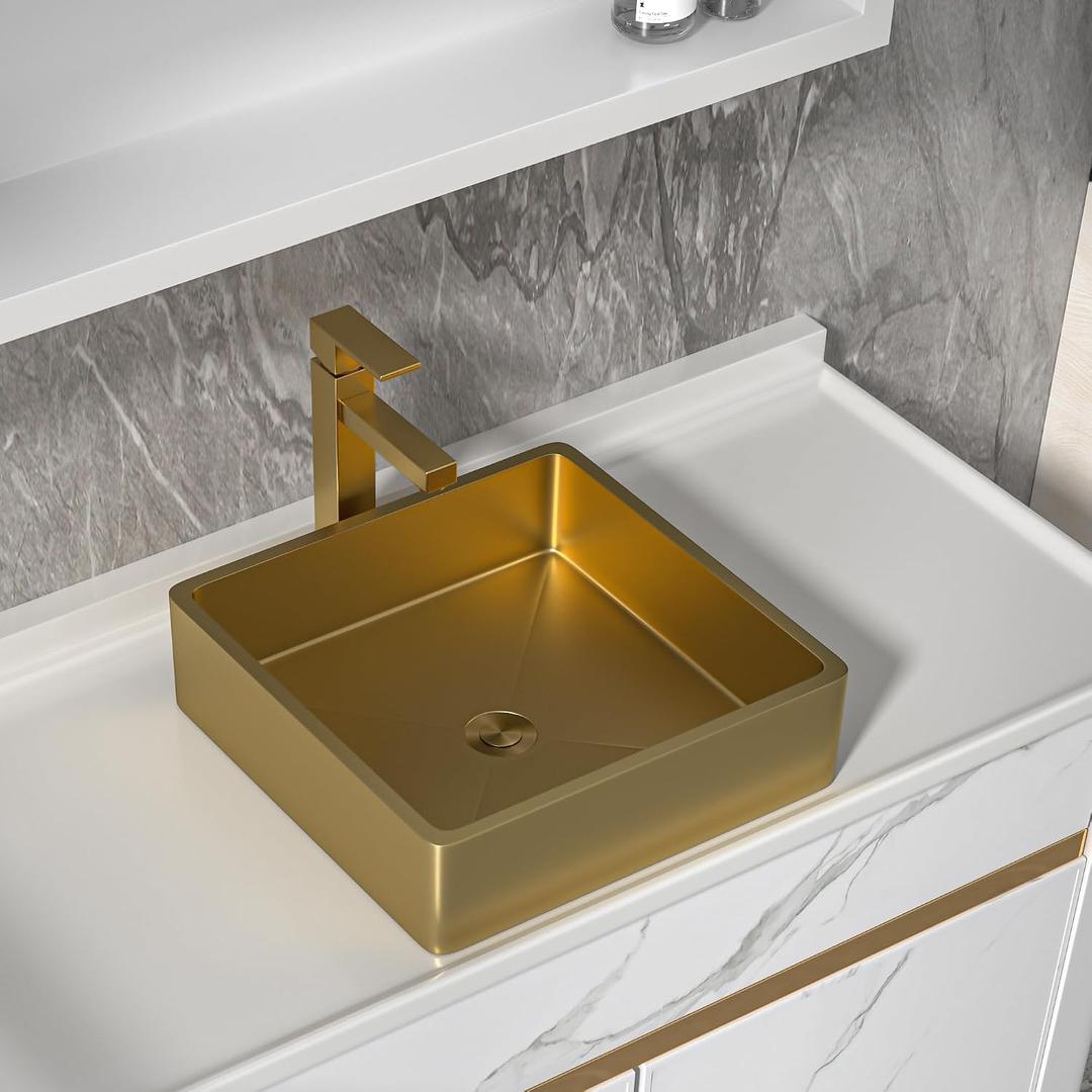 15"x15" Bathroom Vessel Sink Square - Brushed Gold NANO-PVD, 16 Gauge 304 Stainless Steel, Above Counter Modern Vanity Lavatory Bath Sink Basin