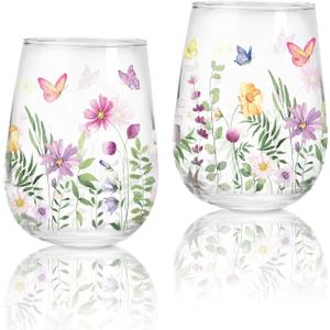 Whaline 2 Pcs Spring Stemless Wine Glasses 17 Oz Watercolor Floral Butterfly Drinking Glasses Wild Flower Tumbler Cups for Party Supplies Gifts
