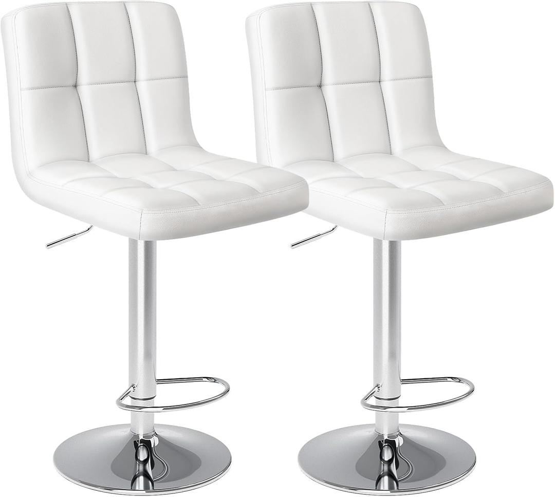 Sweetcrispy Bar Stools Set of 2, Armless PU Leather Adjustable Swivel Barstools, Hydraulic Kitchen Counter Height Thickened Seat Cushion Square Island Countertop Chairs with Back - White