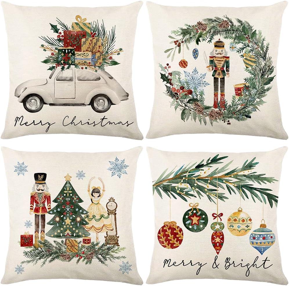 Hofomca Christmas Throw Pillow Covers 18x18 Set of 4, Merry Christmas Tree Vintage Car Nutcracker Bauble Wreath Beige Xmas Winter Holiday Decorative Pillowcase Farmhouse Home Decor for Sofa Couch