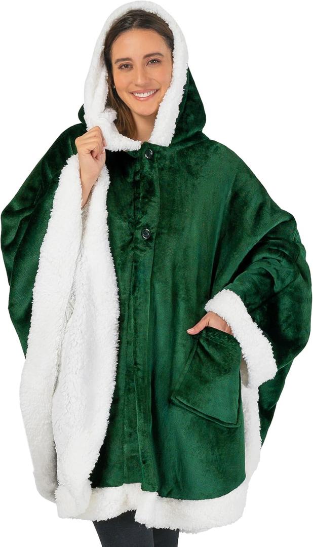 PAVILIA Hooded Blanket Poncho, Women Sherpa Fleece Shawl Wrap with Hood, Wearable Blanket Cozy Warm Poncho Cape Throw with Pockets, Gift for Elderly Mom, Emerald Green ( One Size )
