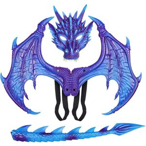 Children's Dragon Wing Costume Dinosaur Tail Mask Set Cosplay Kids Halloween Dragon Costume (Bule Set Rp Foam)