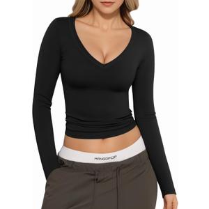 MANGOPOP V Neck Long Sleeve Shirts for Women Sexy Crop Top Basic Slim Fitted T Shirt Going Out Tops Y2K (XX-Large, Black)