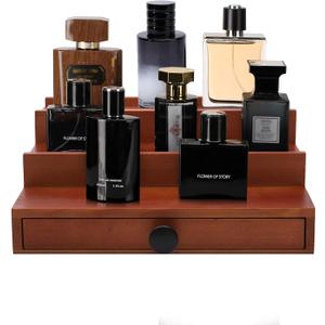 3 Tier Cologne Organizer for Men - Brown Wooden Cologne Perfume Display Stand with Drawer and Hidden Compartment, Mens Cologne Rack Holder Shelf for Room