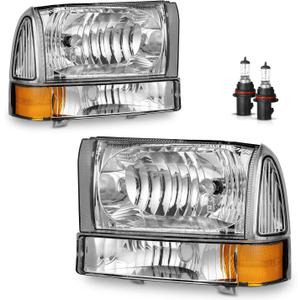 Headlight Assembly W/Bulbs for 1999-2004 Ford Super Duty F250 F350 F450 F550,00-04 Ford Excursion Headlamp Replacement with Bumper Signal Corner Light (NOT FOR SEALED BEAM MODELS) Pair Set