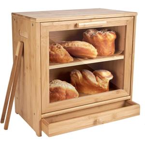 Large Bamboo Bread Box for Kitchen Countertop, Double Layer Bread Boxes for Kitchen Counter with Utensil Tray Drawer Organizer, Large Capacity Bread Storage Container