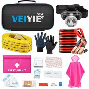 Car Roadside Emergency Kit with Jumper Cables, Car First Aid Kit Emergency Kit for Vehicles, Car Safety Roadside Assistance Kit Headlamp, Tow Straps, Gloves, Essential Car Accessories for Men, Women (Pink)