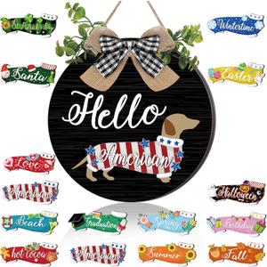 Glenmal 16 Pcs Interchangeable Seasonal Dachshund Welcome Sign Rustic Wiener Dog Front Door Wreaths Detachable Holiday Hanging Decor for Spring Summer 4th of July (Charm Black Style)