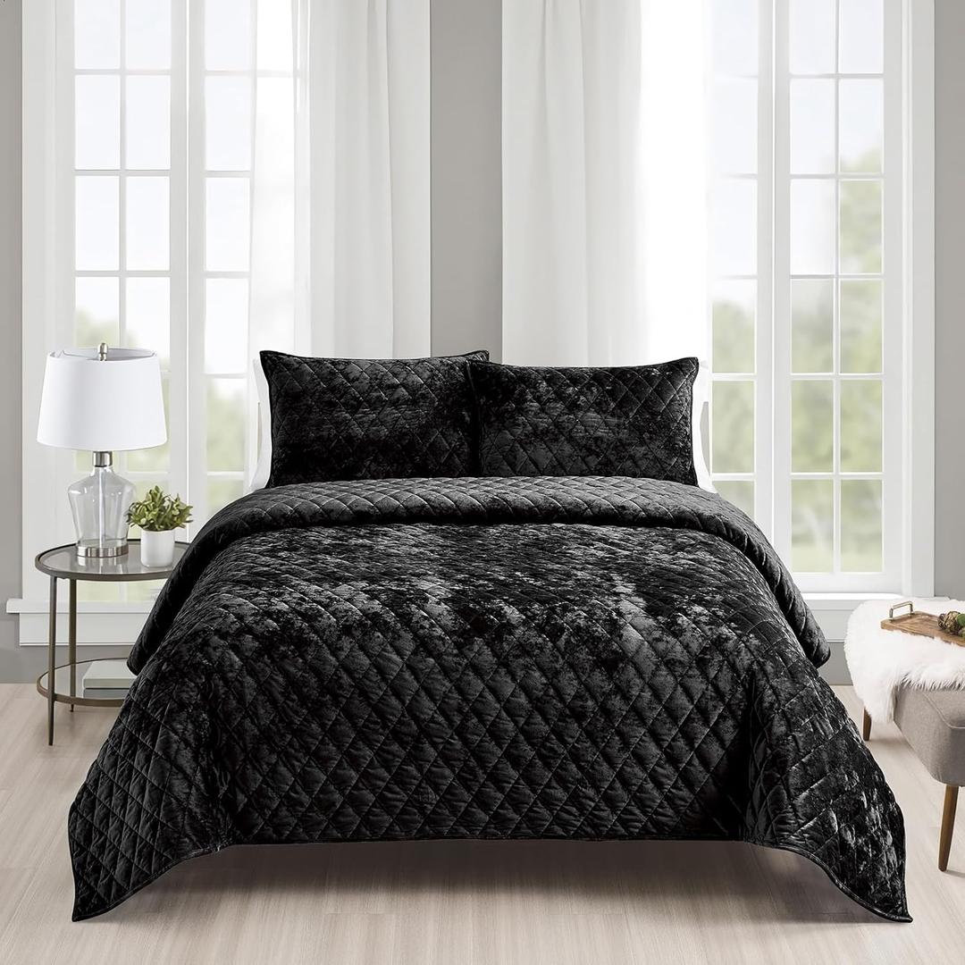 Fredsure Distressed Velvet Quilt Set, 3 Pieces Black Queen, Distressed Velvet Face and Brushed Microfiber Reverse with Diamond Quilting