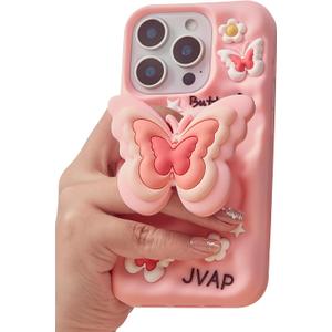 Kawaii 3D Butterfly Phone Case for iPhone 15 (with Retractable Phone Stand & Grip) Cute Girly Cartoon Soft Silicone Phone Cover for Girls, Boys, Kids, Teens, and Women, Pink