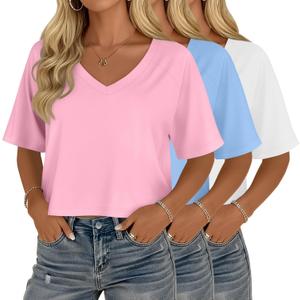 3 Pack Women's Cropped Tops V Neck Half Sleeve Crop T-Shirts Raglan Sleeve Loose Fit Casual Summer Basic Tees (Gray, S)