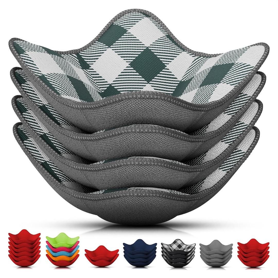 4 Pcs Microwave Bowl Cozy Holders  Microfiber Fabric Bowl Holders for Hot Food, Fits Most Bowls up to 6.5" & Plates 7.1"  Protect Hands from Hot Dishes, Soft Feel for Safe & Convenient Kitchen Use (Grey Pattern)