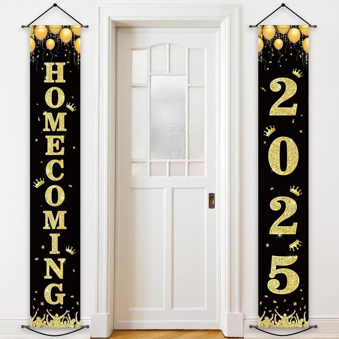 Homecoming Party Porch Banner Homecoming 2025 Door Hanging Decoration Dance Party Backdrop Black Gold Welcome Back to School Porch Sign for University College School Celebration Photo Booth Props
