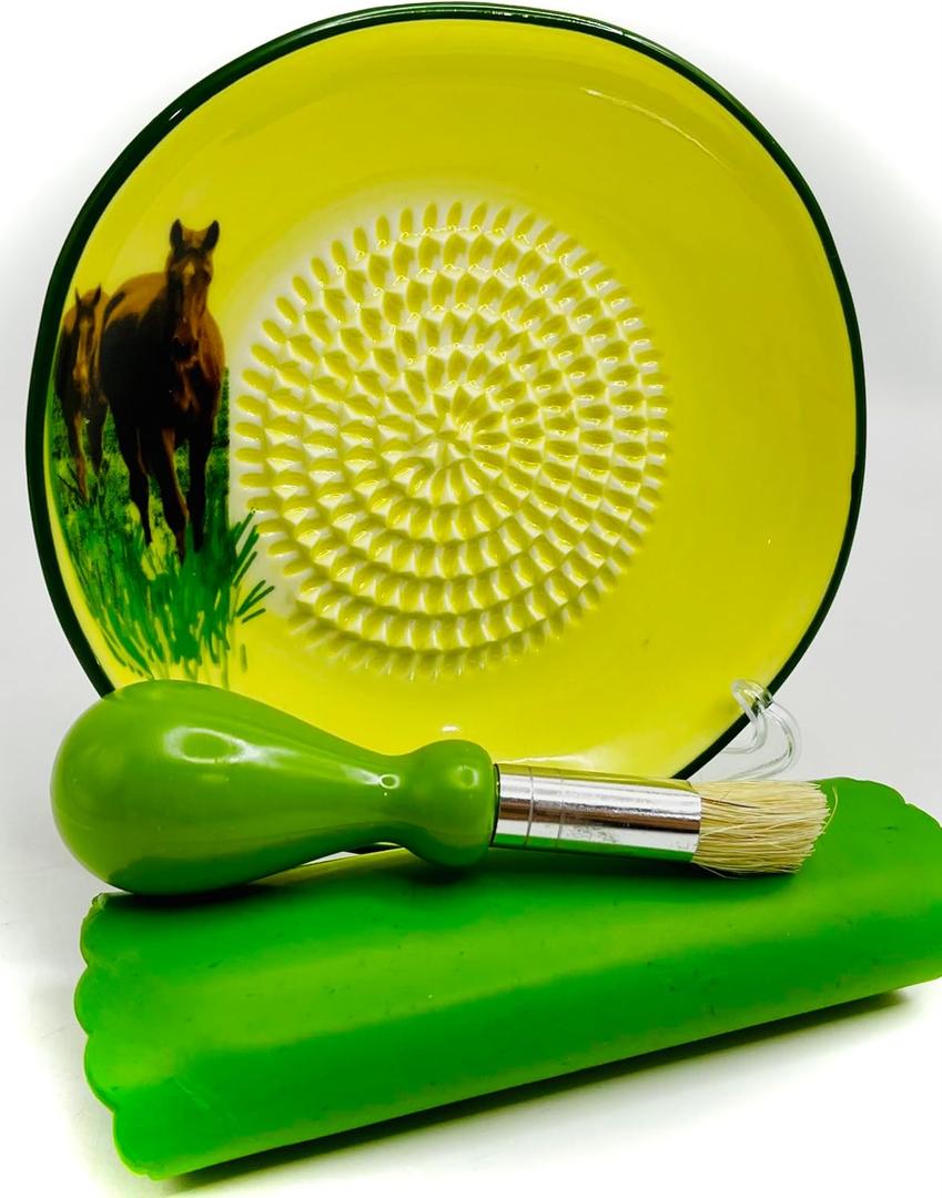 All in one Ceramic Grater Set - Durable Stoneware Grater, Silicon Garlic Peeler, Brush, and Stand. Artwork Horse Design Handmade